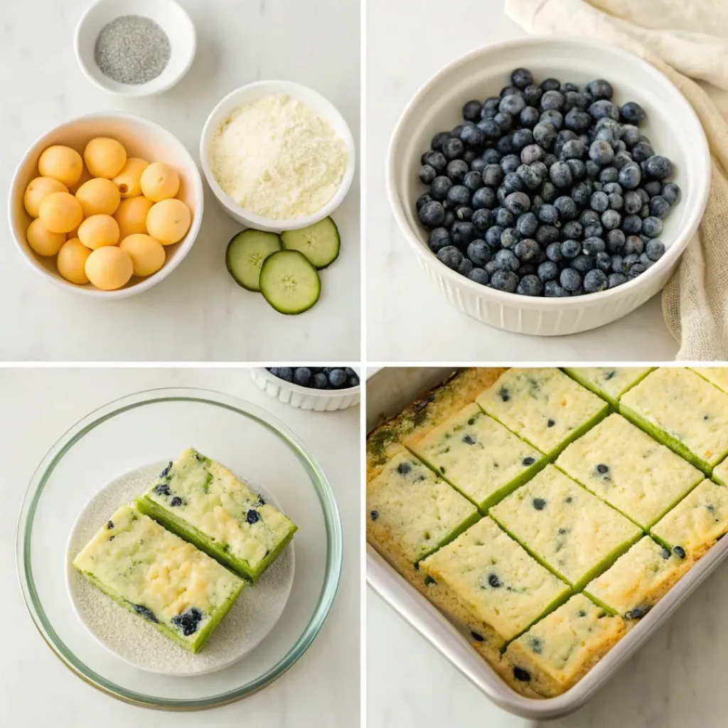 Four step collage showing grating zucchini, mixing batter, baking, and slicing squares