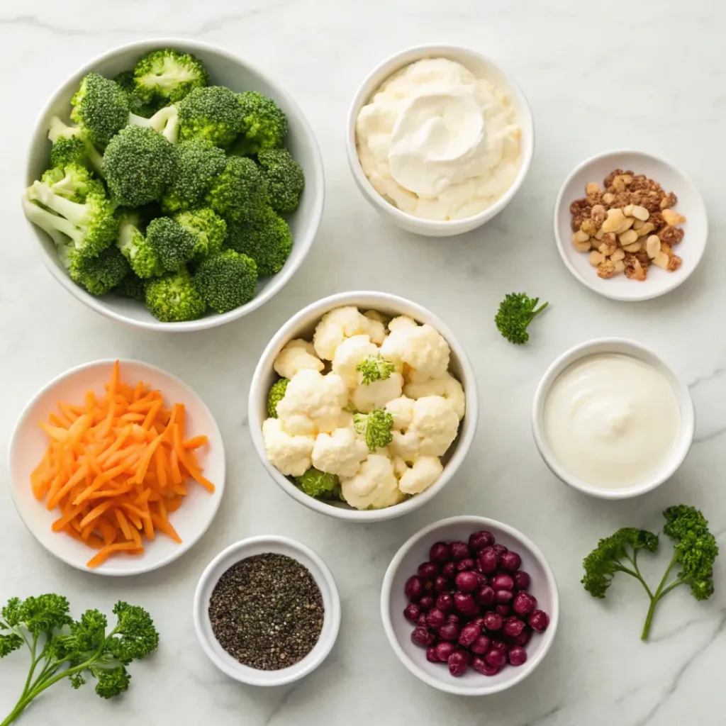 Flat lay of broccoli, cauliflower, carrots, seeds, and salad ingredients