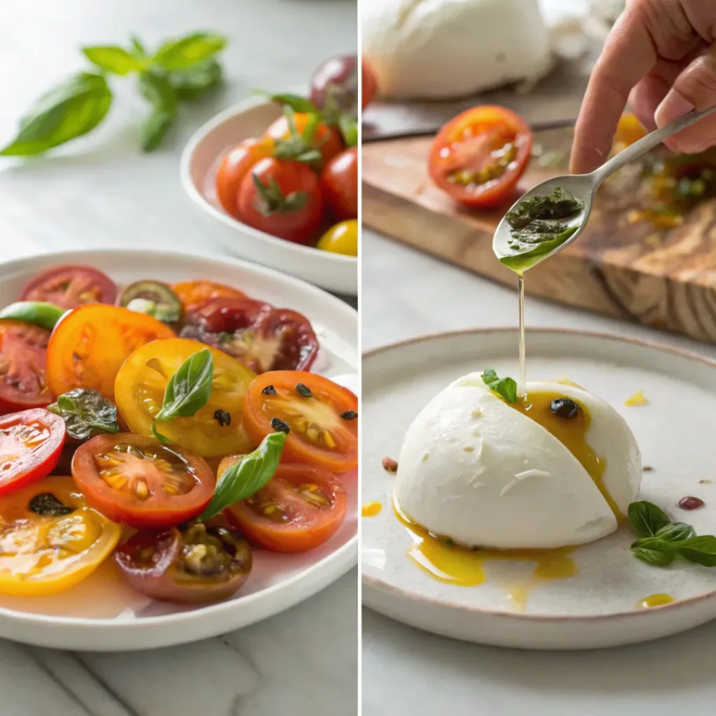 Four step collage showing slicing tomatoes, plating, adding burrata, and finishing dish