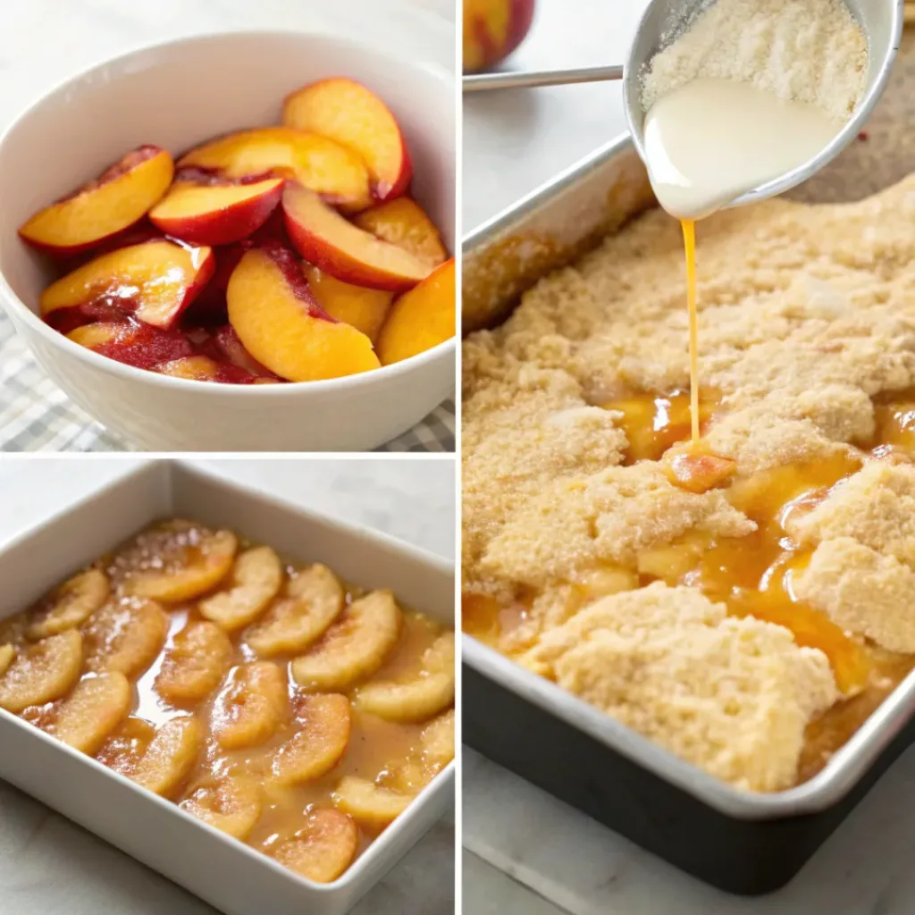 Caramel Peach Dump Cake – Easy, Gooey & Buttery Dessert 7 Four step collage showing layering, adding cake mix, baking, and serving