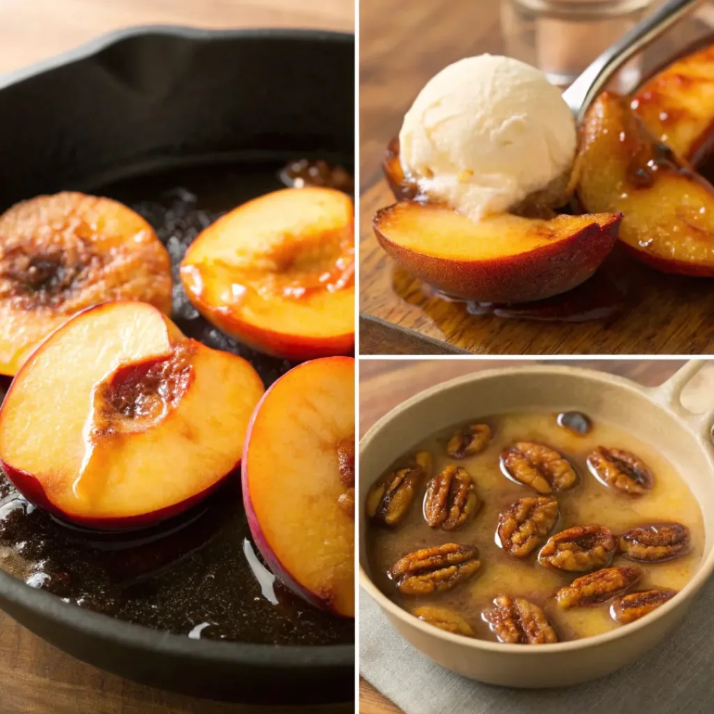 Caramelized Skillet Peaches – Quick Buttery Peach Dessert 7 Four step collage showing slicing peaches, making syrup, caramelizing peaches, and serving dessert