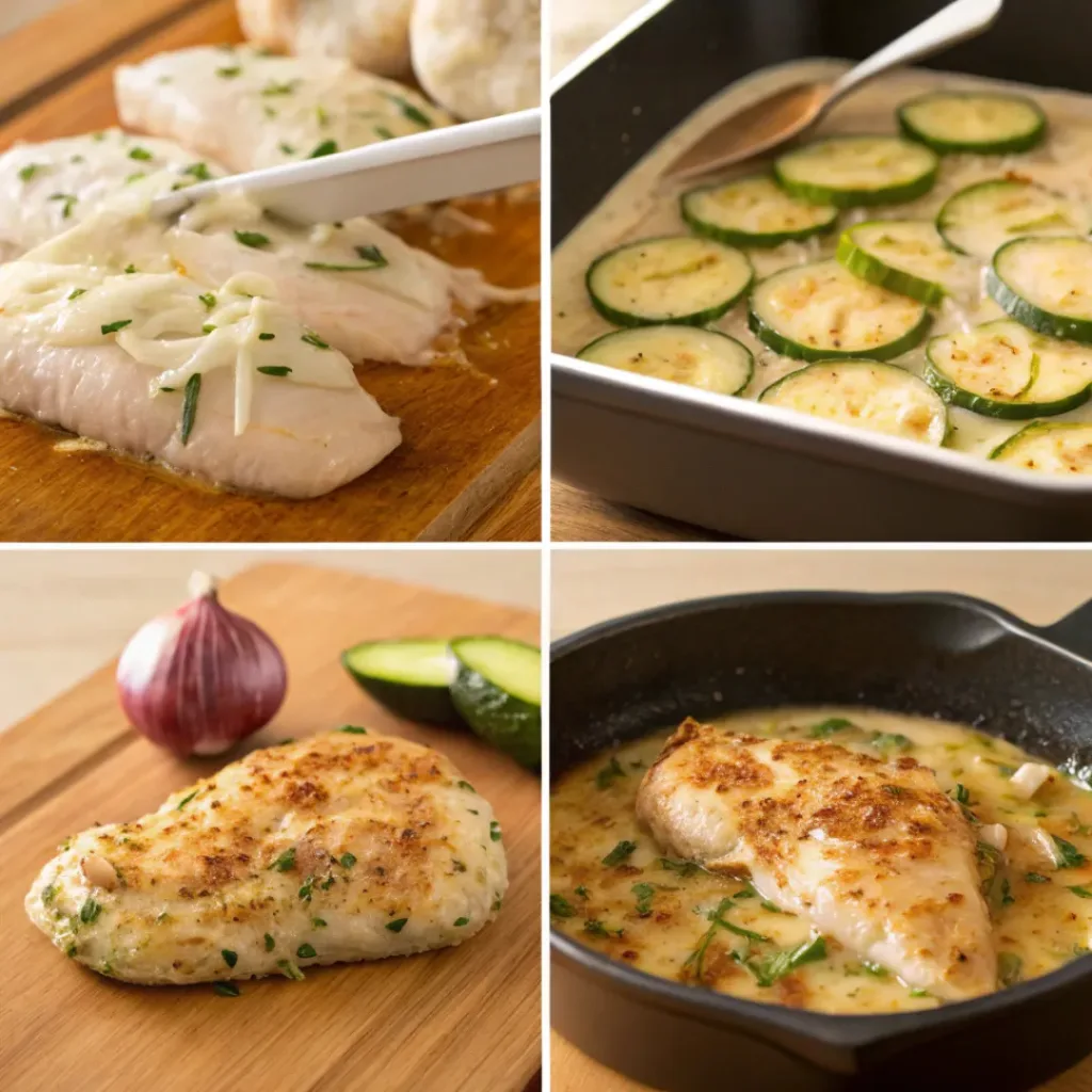 Four step collage showing prepping chicken, layering casserole, and baking with cheese