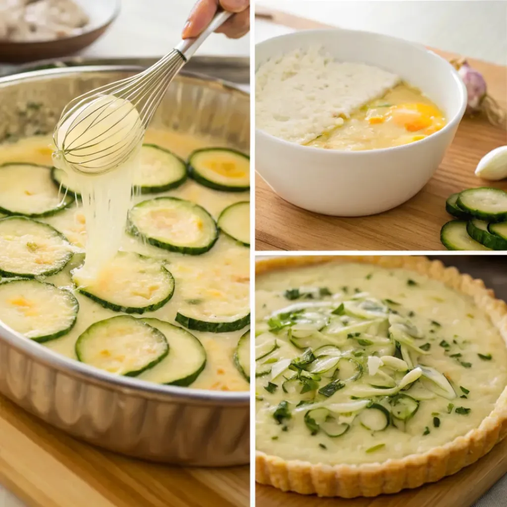 Cheesy Zucchini Quiche – Perfect Savory Brunch Dish 7 Four step collage showing prep, mixing, baking, and slicing quiche