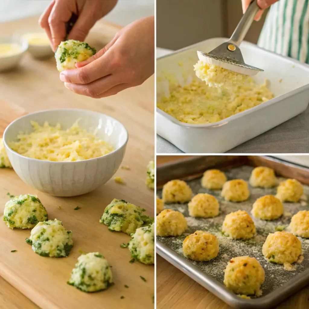 Cheesy Zucchini Tots – Crispy, Golden & Kid-Friendly Snack Bites 7 Four step collage showing mixing, shaping, baking, and serving zucchini tots