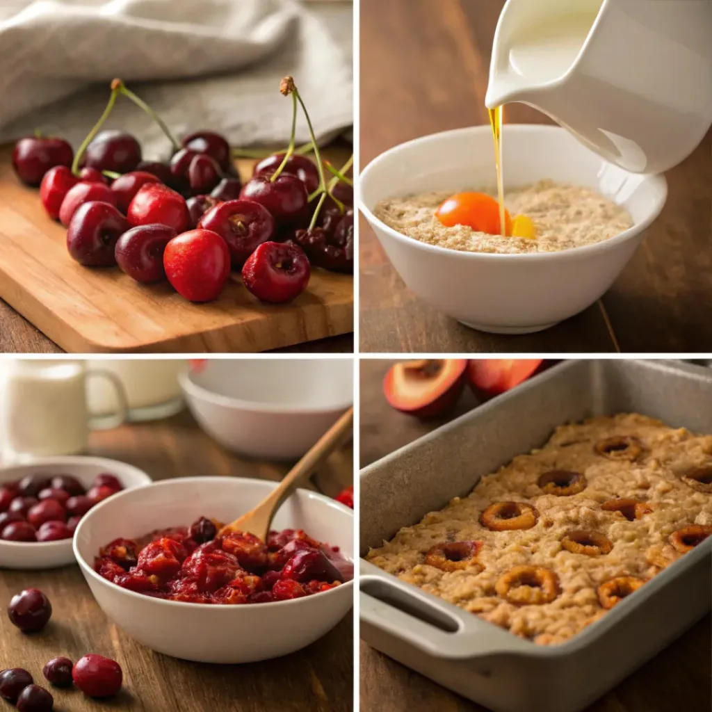 Four step collage showing prepping cherries, mixing oats, baking, and serving oatmeal