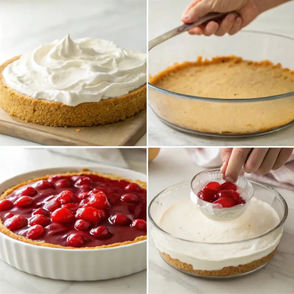 Cherry Cheesecake Lush – No-Bake Creamy Layered Dessert 7 Four step collage showing crust, cheesecake layer, whipped cream, and cherry topping