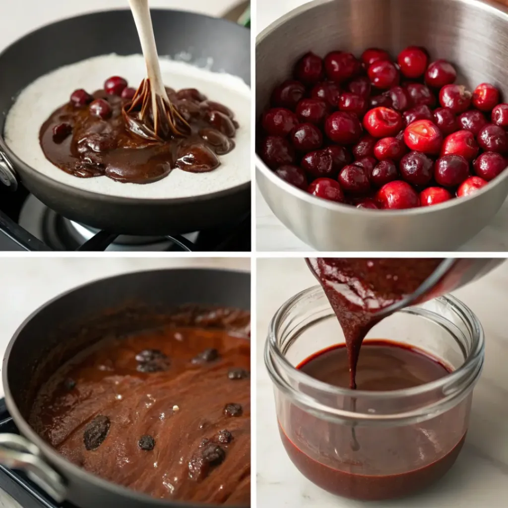 Four step collage showing cooking cherries, mixing chocolate, stirring sauce, and bottling