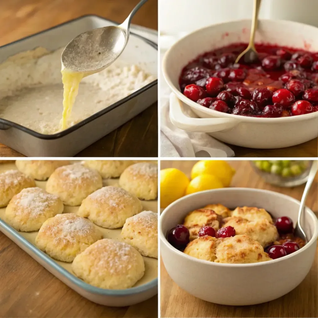 Four step collage showing cooking cherries, preparing topping, assembling, and baking cobbler