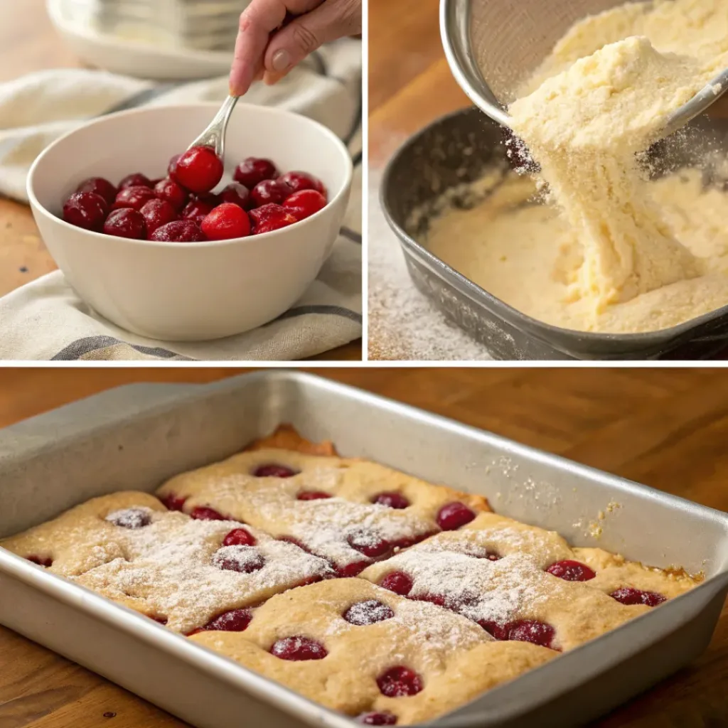 Cherry Coffee Cake – Soft, Buttery & Perfectly Fruity Breakfast Cake 7 Four step collage showing mixing, folding cherries, baking, and slicing cake