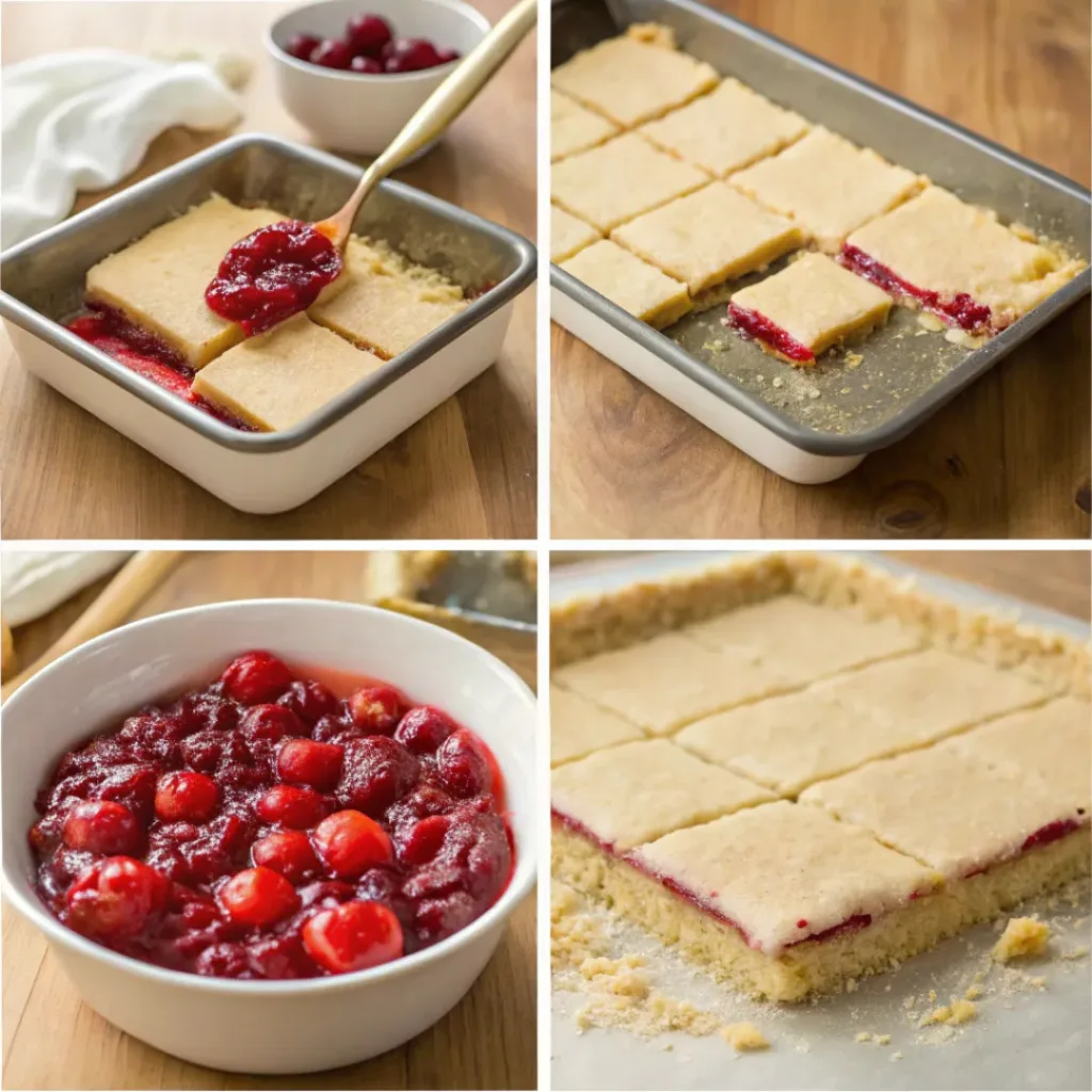 Cherry Pie Bars – Easy Sweet Cherry Dessert Bars 7 Four step collage showing crust prep, cherry filling, baking, and slicing bars