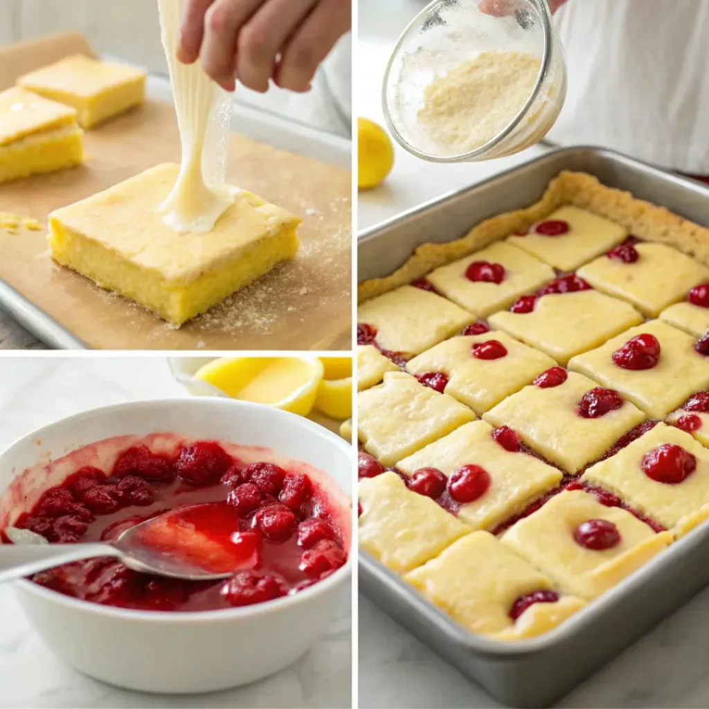 Cherry Pie Bars with Lemon Glaze – Buttery, Fruity & Sweet-Tart Dessert Bars 7 Four step collage showing crust, filling, baking, and glazing bars