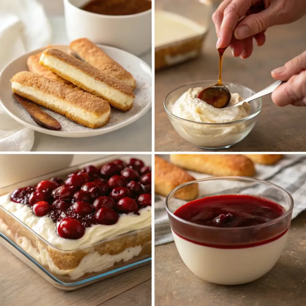 Cherry Tiramisu – Creamy, Fruity & Elegant No-Bake Dessert 7 Four step collage showing dipping, mixing, layering, and finishing tiramisu