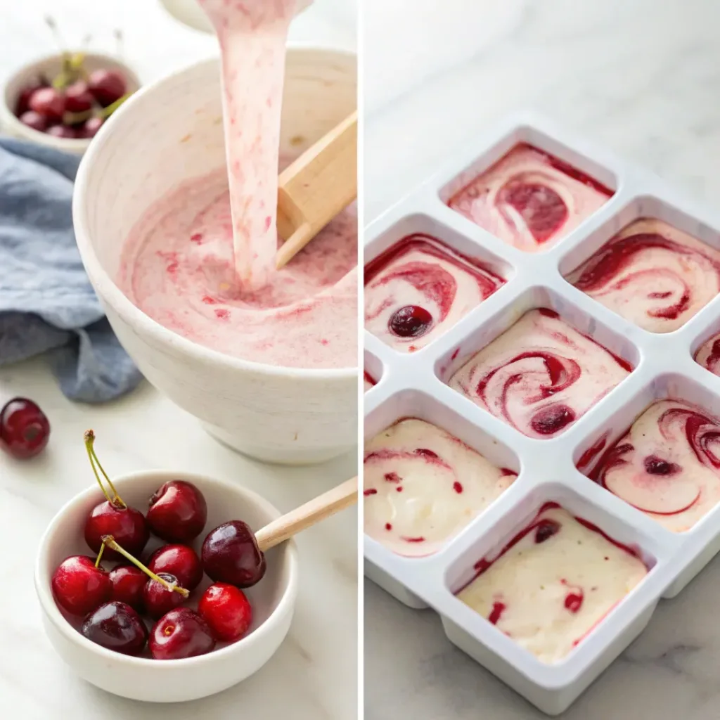 Cherry Yogurt Popsicles – Creamy, Fruity & Healthy Frozen Treat 7 Four step collage showing blending cherries, mixing yogurt, filling molds, and freezing popsicles