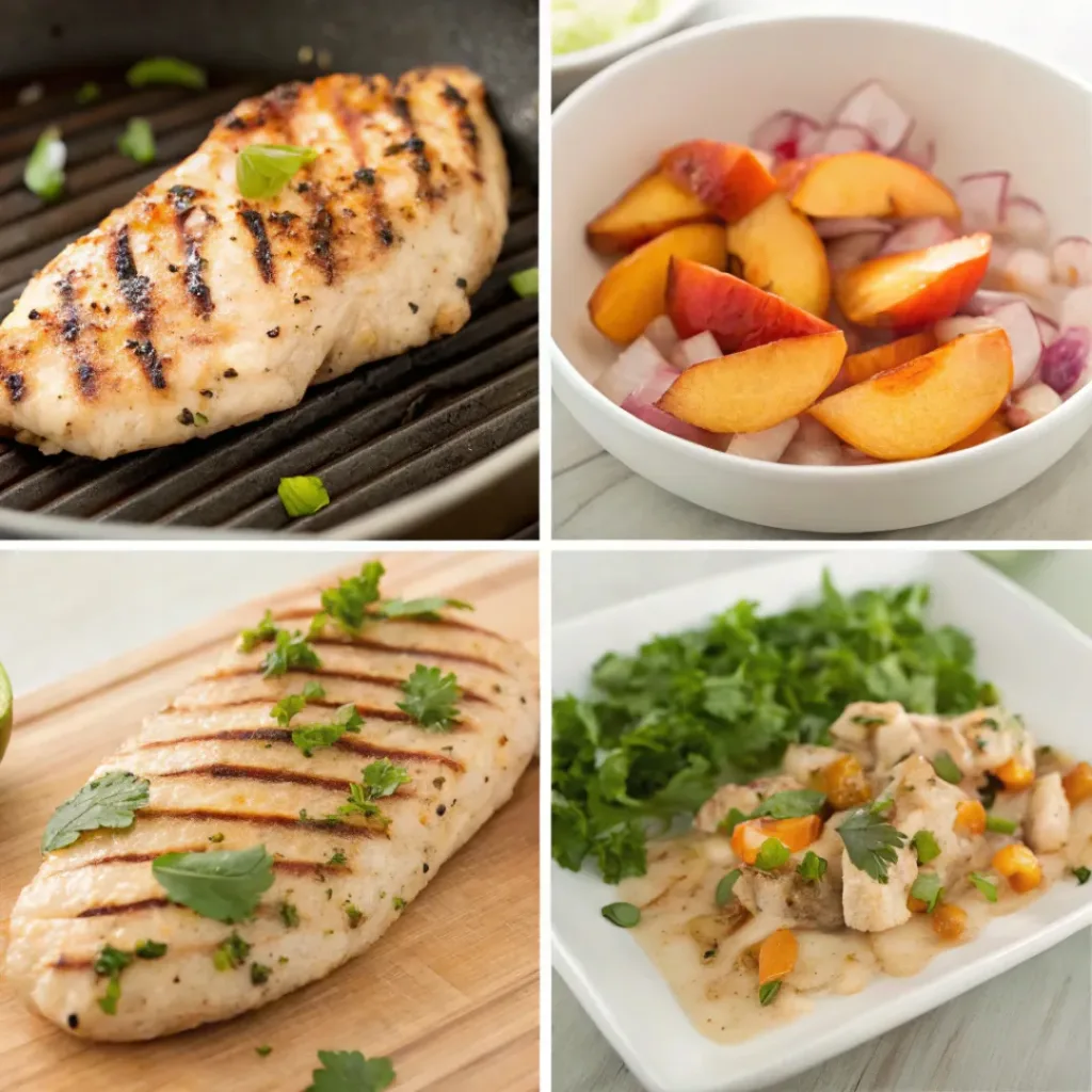 Four step collage showing marinating, grilling chicken, preparing salsa, and plating dish