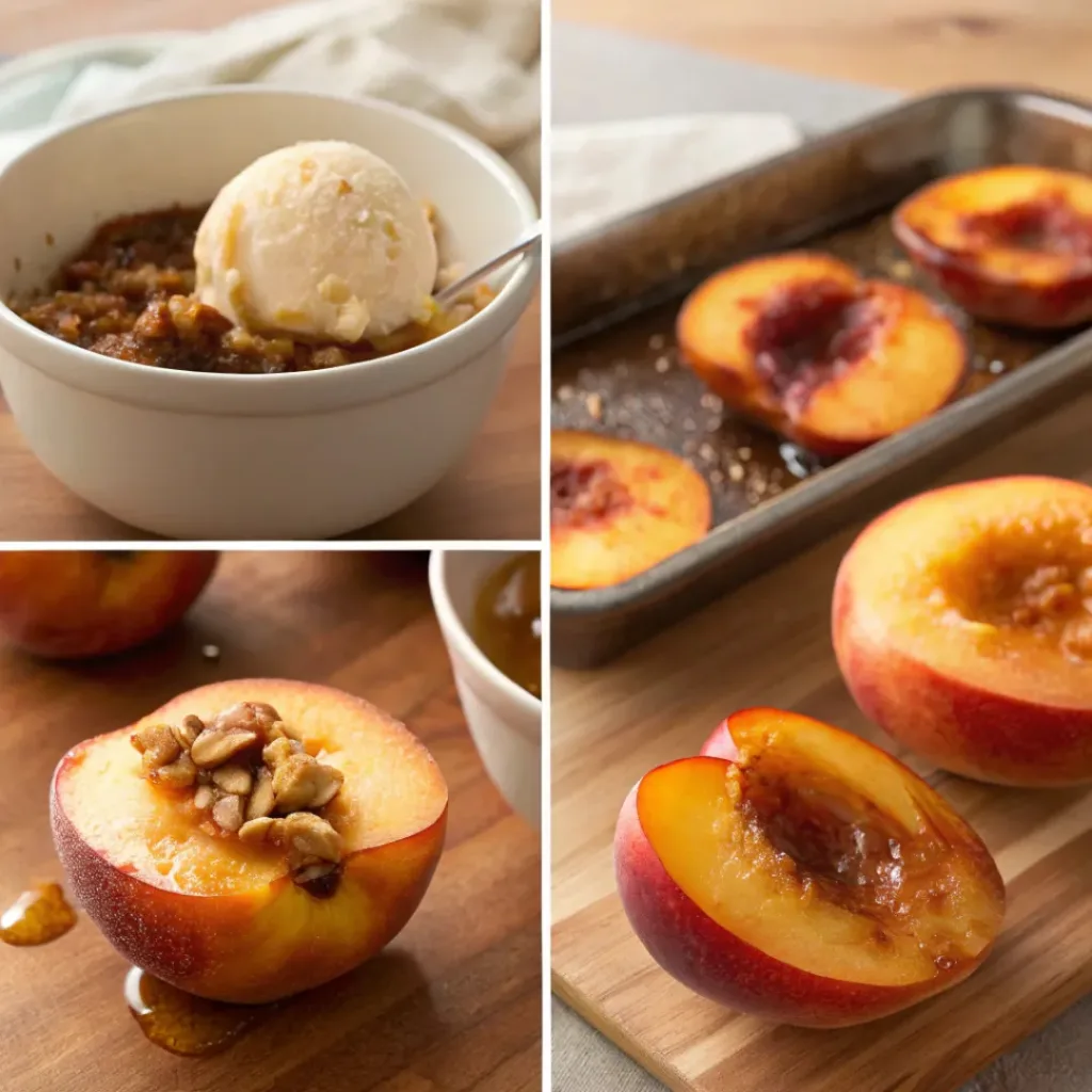 Cinnamon Baked Peaches – Warm & Cozy Easy Dessert 7 Four step collage showing preparing peaches, adding filling, baking, and serving dessert