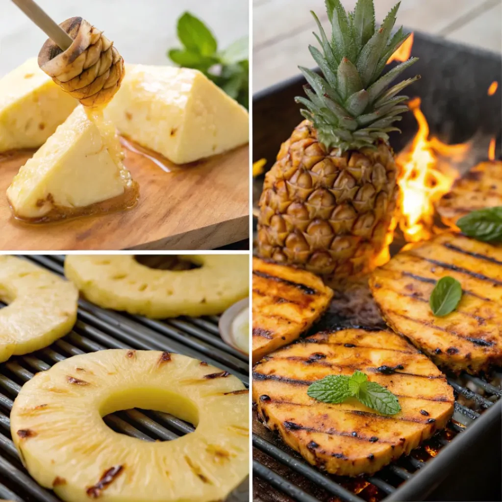 Cinnamon Honey Grilled Pineapple – Sweet, Caramelized & Tropical Dessert 7 Four step collage showing slicing, glazing, grilling, and plating pineapple
