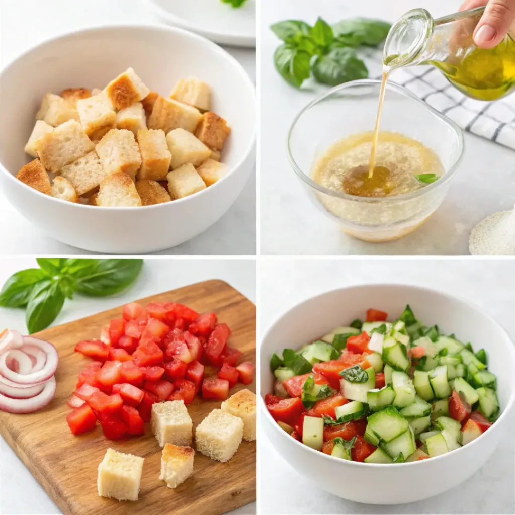 Four step collage showing toasting bread, chopping vegetables, mixing dressing, and tossing salad