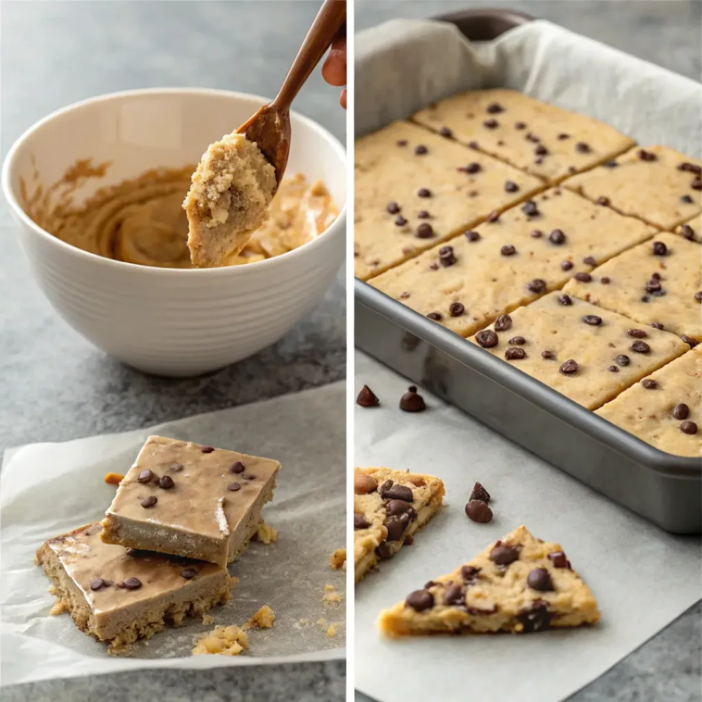 Cookie Dough Bark – No-Bake Chocolatey Sweet Treat 7 Four step collage showing mixing dough, spreading, topping, and breaking bark