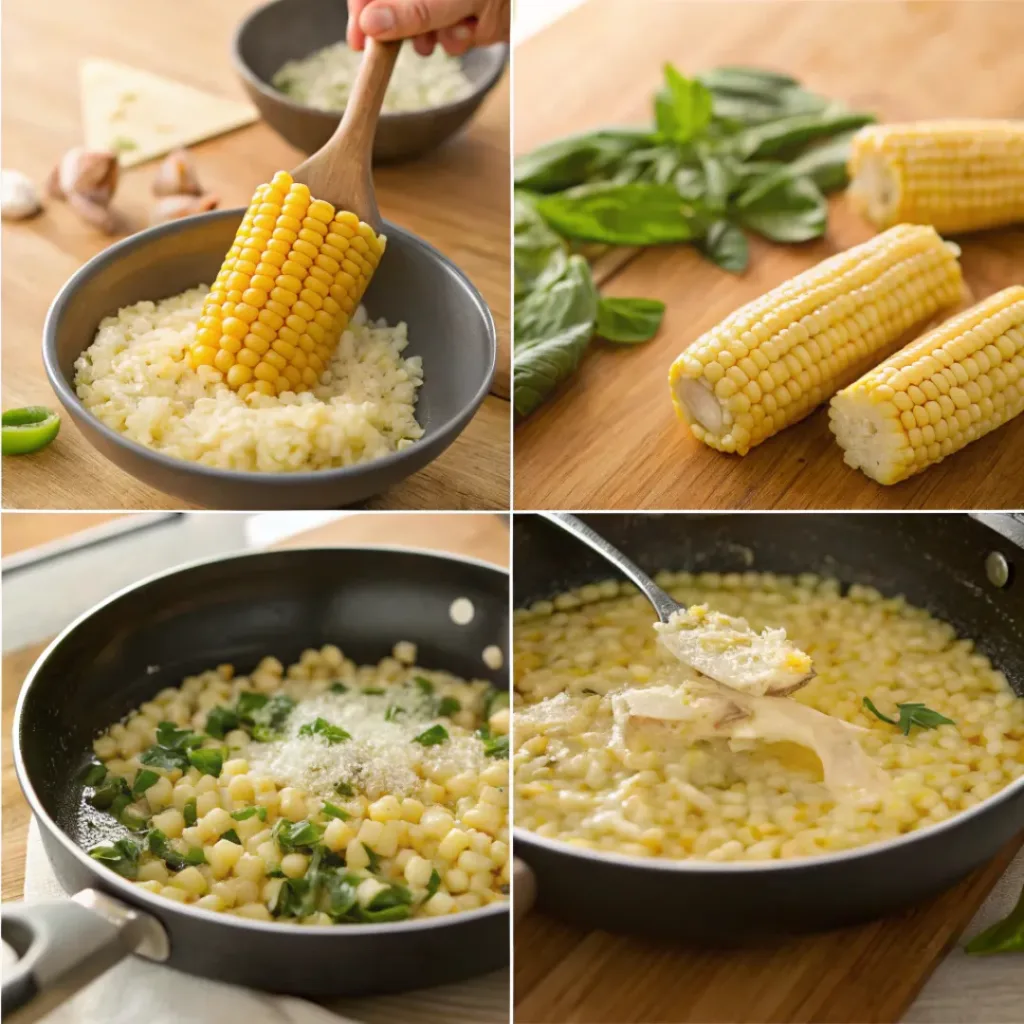 Four step collage showing prepping corn, sautéing, cooking orzo, and finishing with basil