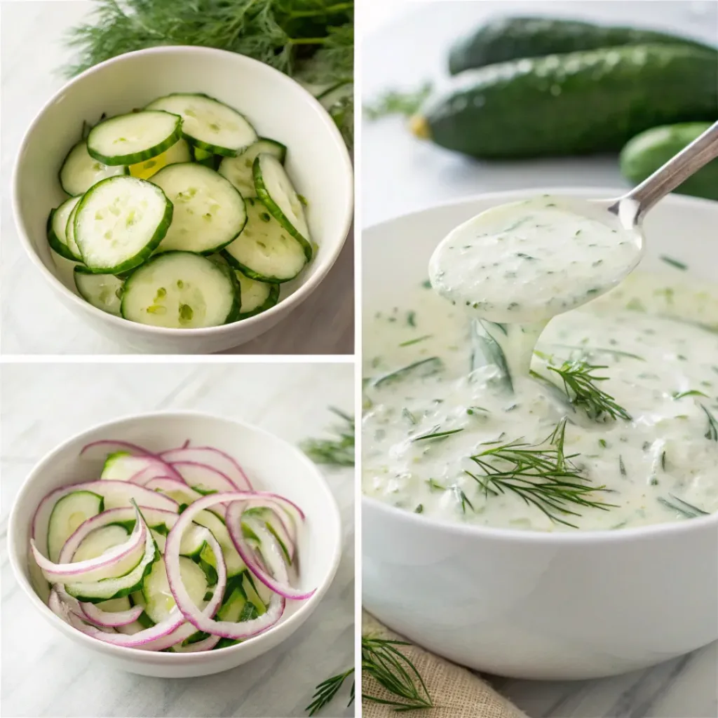 Creamy Dill Cucumber Salad – Cool, Fresh & Creamy Side Dish 7 Four step collage showing slicing cucumbers, mixing dressing, combining salad, and serving