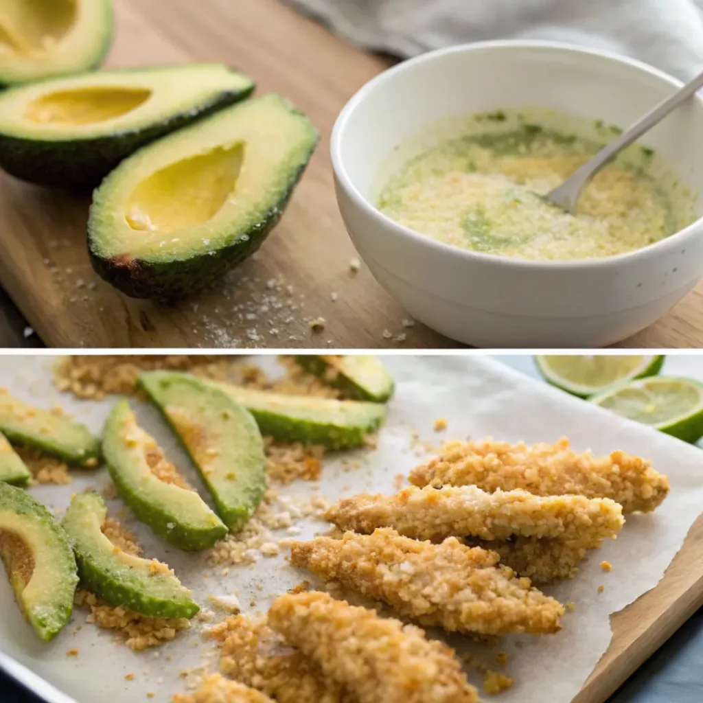 Crispy Avocado Fries – Crunchy, Creamy & Irresistible Snack 7 Four step collage showing slicing, breading, frying, and serving avocado fries