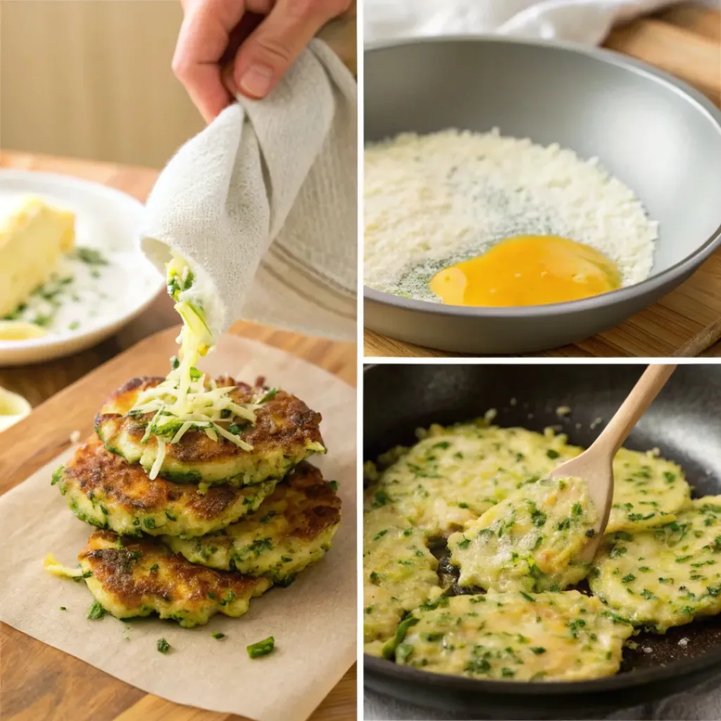 Crispy Zucchini Fritters – Golden, Crunchy & Easy Skillet Recipe 7 Four step collage showing grating zucchini, mixing batter, frying fritters, and serving