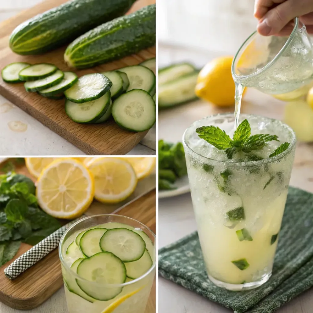 Four step collage showing slicing, mixing, pouring, and garnishing drink