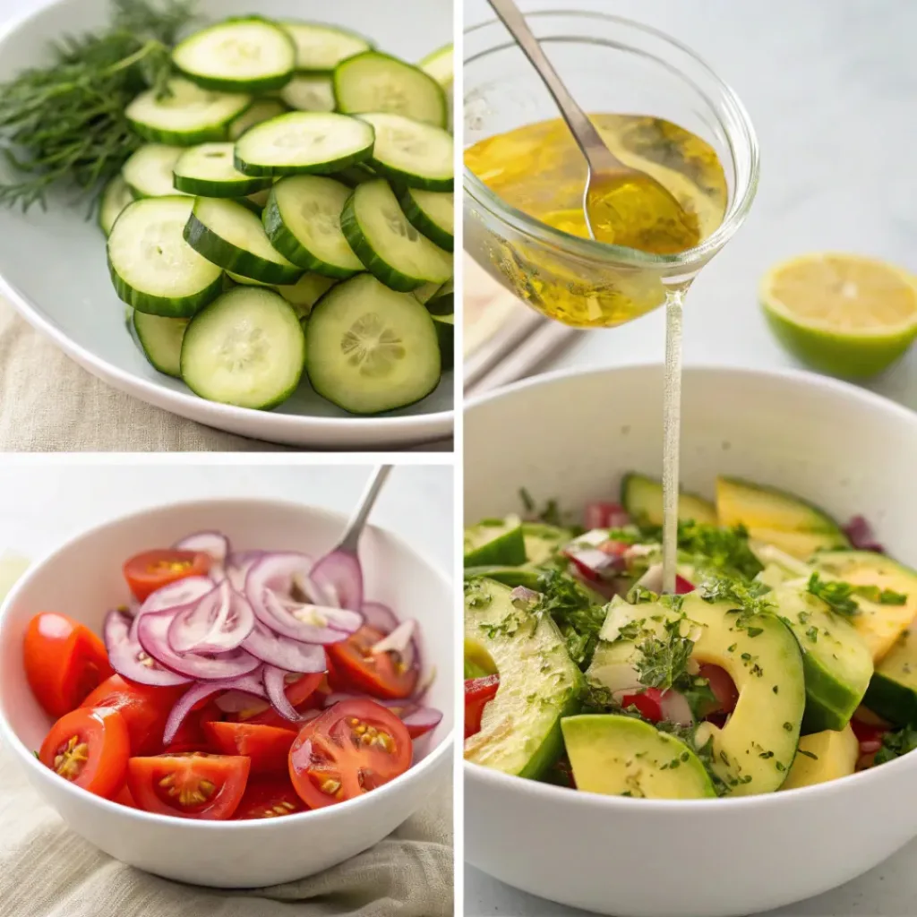 Four step collage showing slicing vegetables, making dressing, and assembling salad