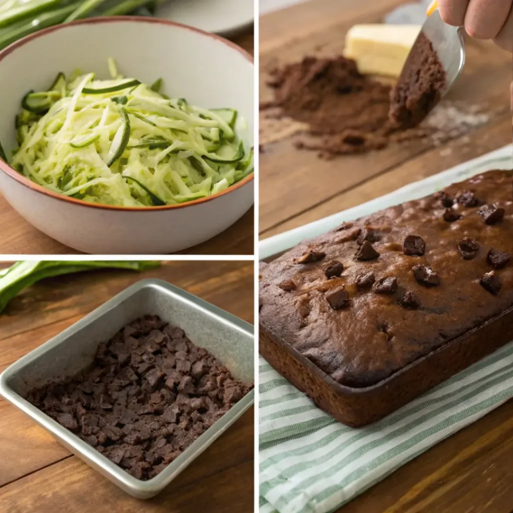Double Chocolate Zucchini Bread – Moist, Rich & Ultra Chocolatey Quick Bread 7 Four step collage showing shredding zucchini, mixing batter, baking loaf, and slicing bread