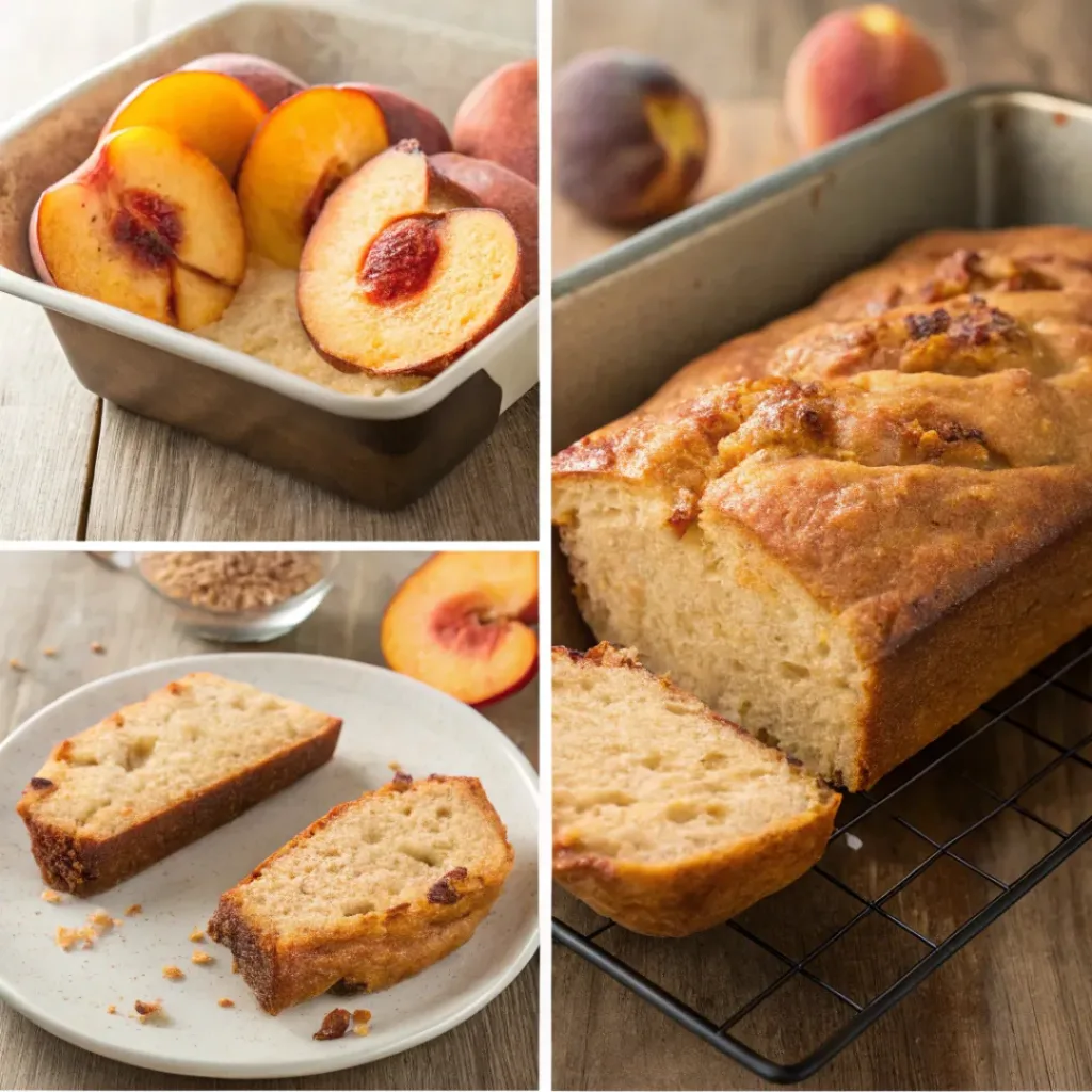 Four step collage showing preparing peaches, mixing batter, baking, and slicing bread