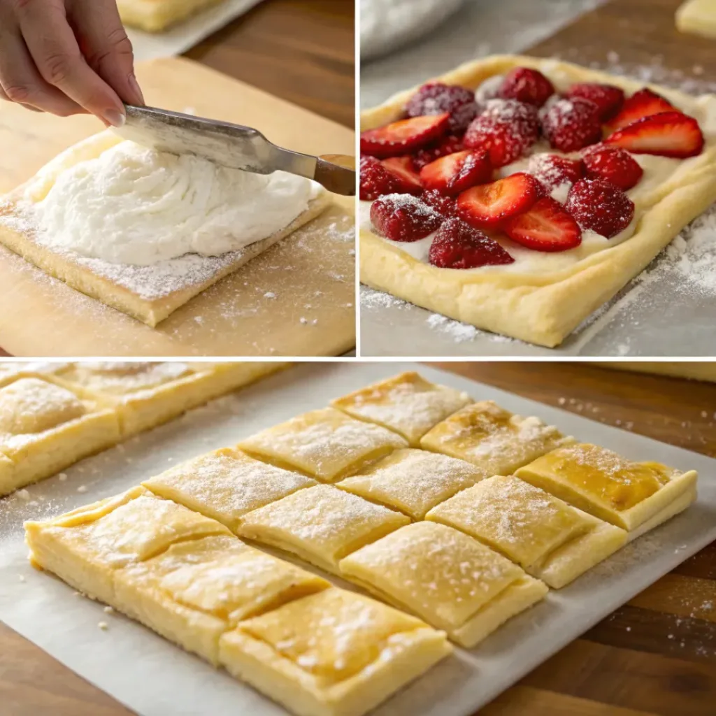 Easy Strawberry Danish – Flaky, Creamy & Sweet Bakery-Style Pastry 7 Four step collage showing pastry prep, filling, topping, and baking