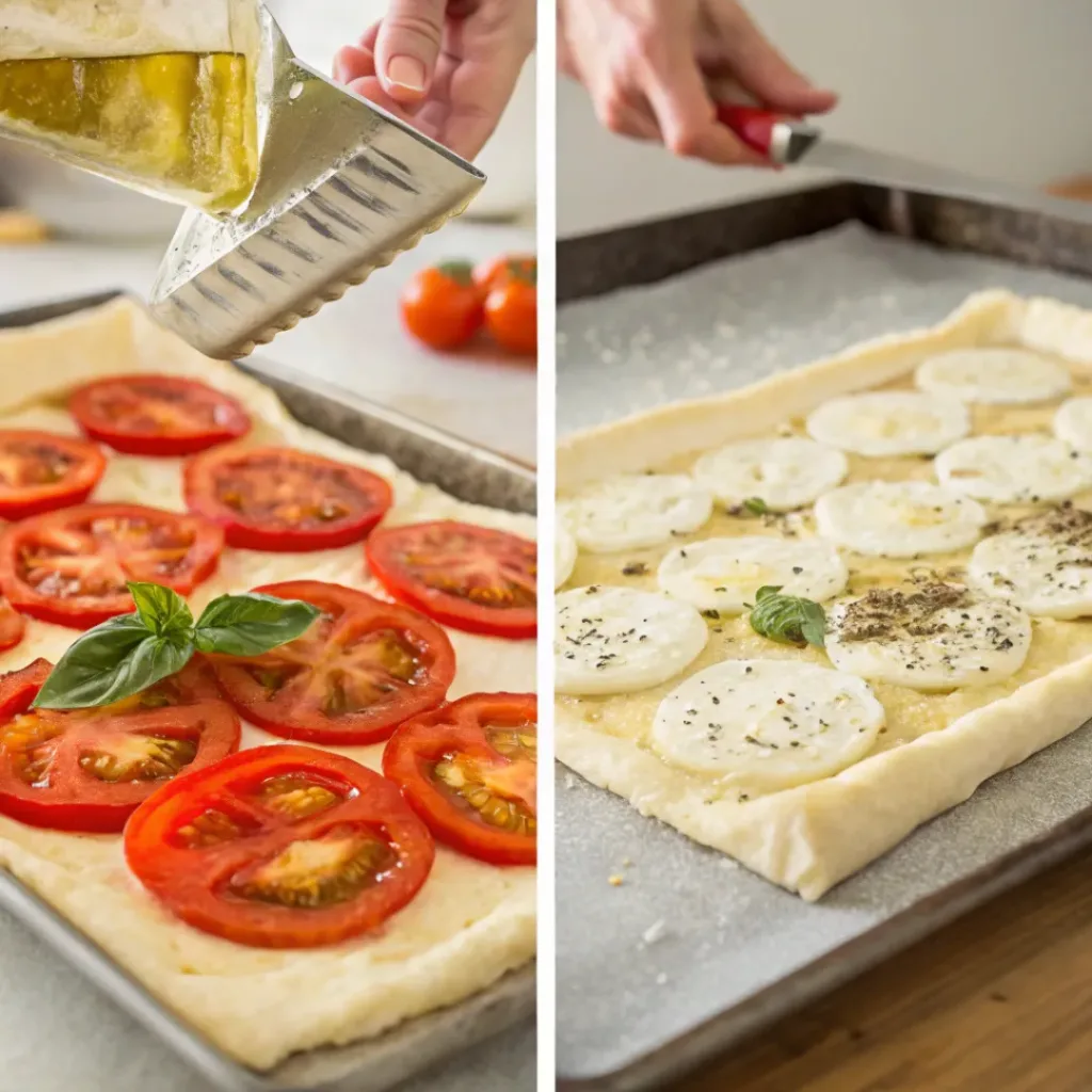 Four step collage showing pastry prep, topping, baking, and slicing tart