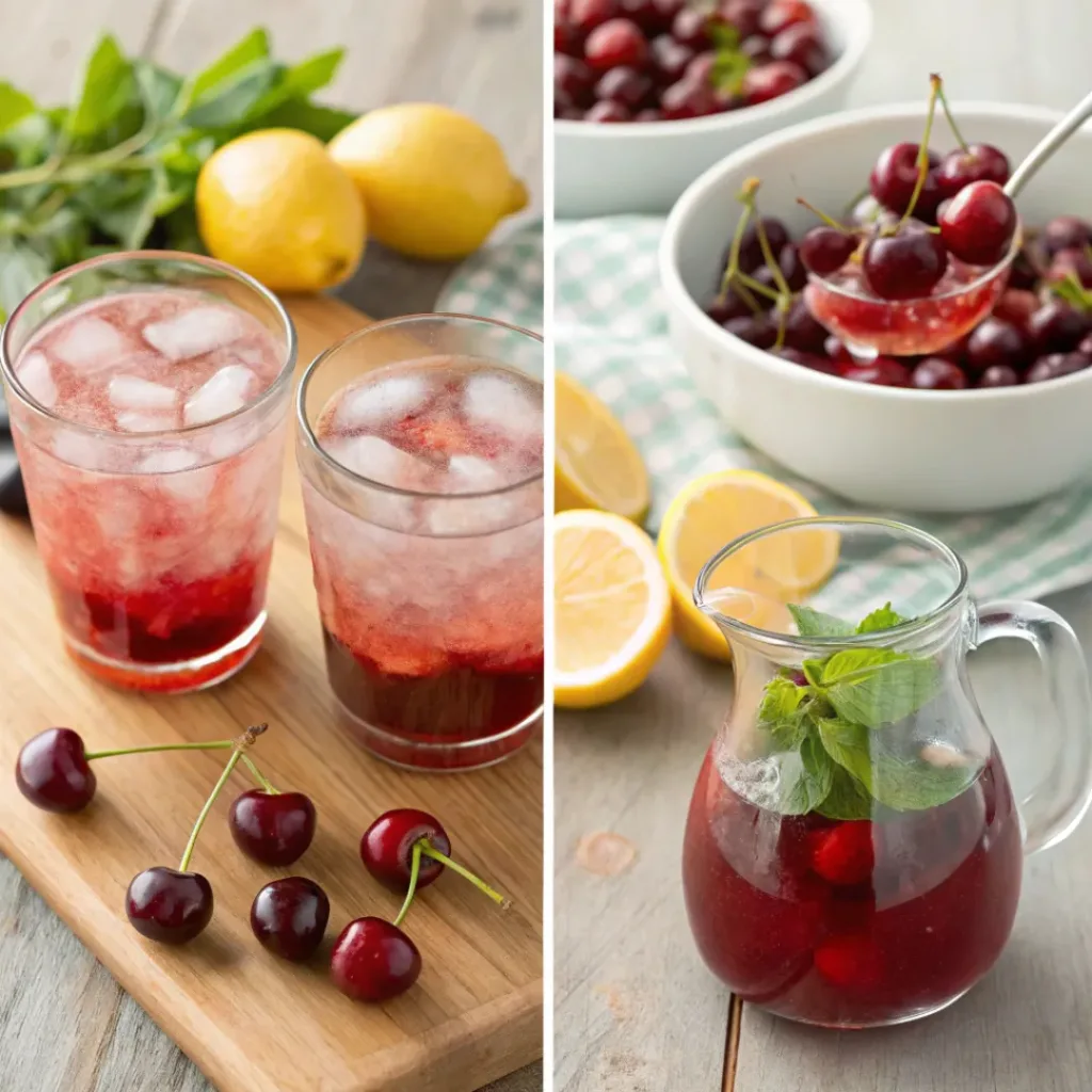 Fresh Cherry Lemonade – Sweet, Tart & Ultra Refreshing Summer Drink 7 Four step collage showing cherry blending, lemon juicing, mixing drink, and serving lemonade