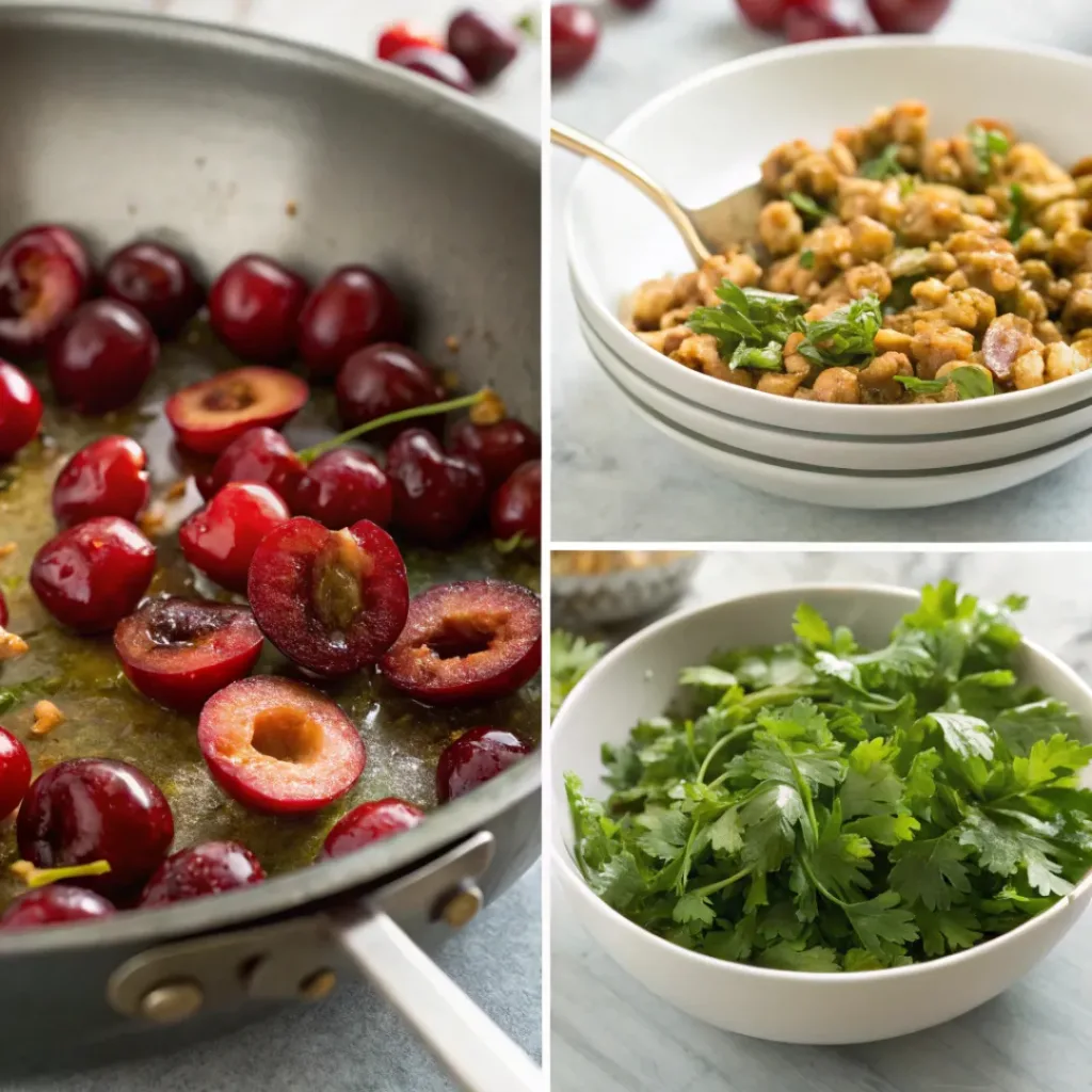Fresh Herb Cherry Salad with Walnut and Cilantro – Sweet, Fresh & Crunchy Summer Salad 7 Four step collage showing slicing cherries, toasting walnuts, mixing salad, and plating