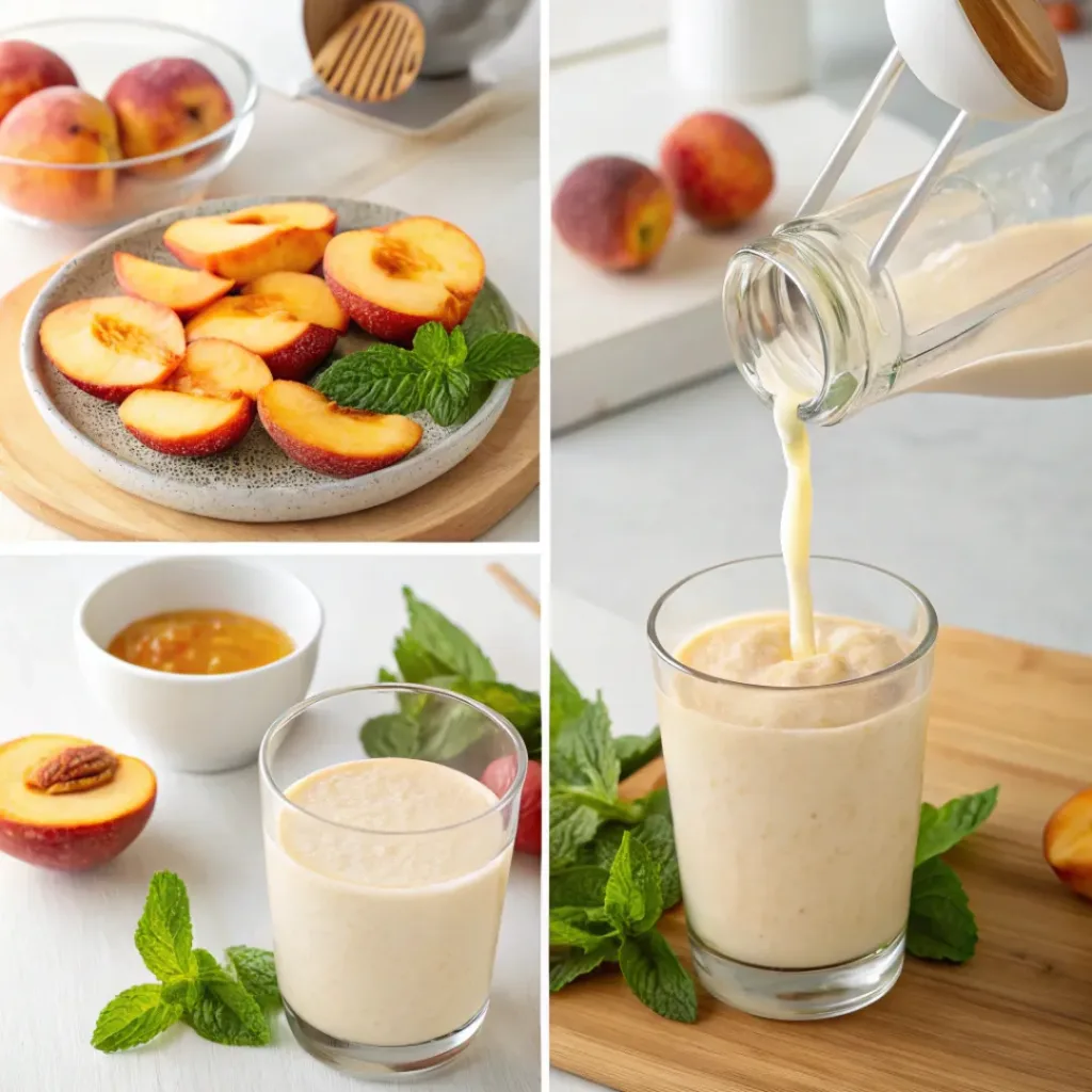 Four step collage showing slicing peaches, blending, pouring, and serving smoothie