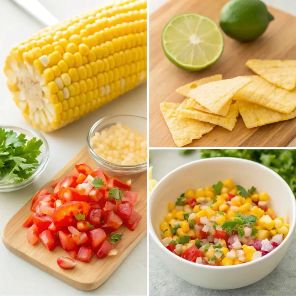 Fresh Summer Corn Salsa – Bright, Crunchy & Zesty No-Cook Salsa 7 Four step collage showing cutting corn, chopping vegetables, mixing, and serving salsa