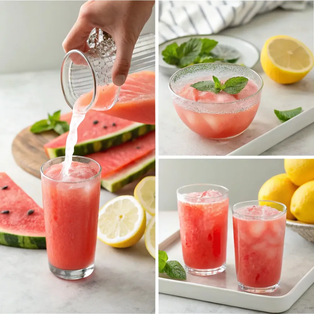 Four step collage showing blending watermelon, squeezing lemons, mixing drink, and serving lemonade