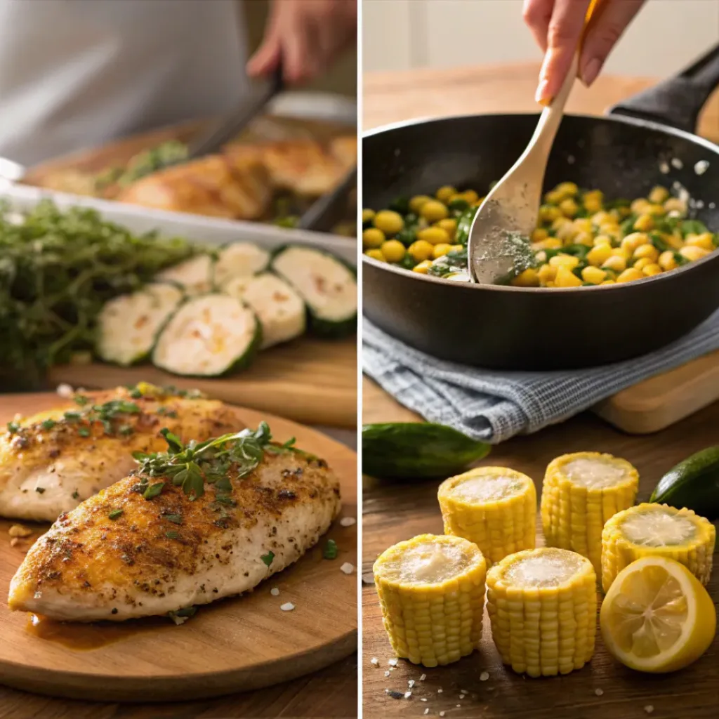 Four step collage showing cooking chicken, sautéing vegetables, and combining skillet dish