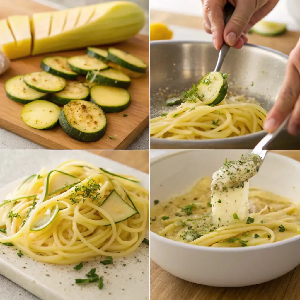 Garlic Parmesan Summer Squash Pasta – Creamy, Light & Fresh Summer Dinner 7 Four step collage showing slicing squash, sautéing, mixing pasta, and serving