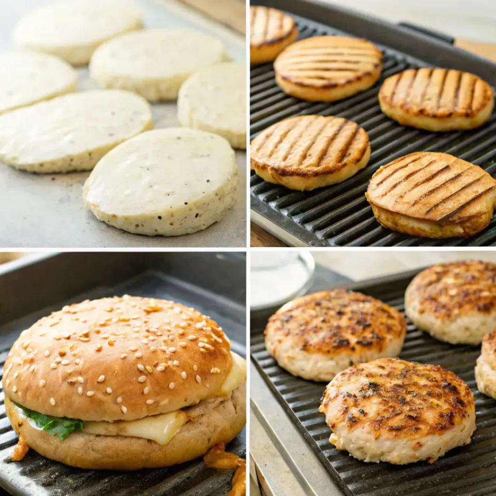 Four step collage showing shaping patties, grilling, melting cheese, and assembling burgers