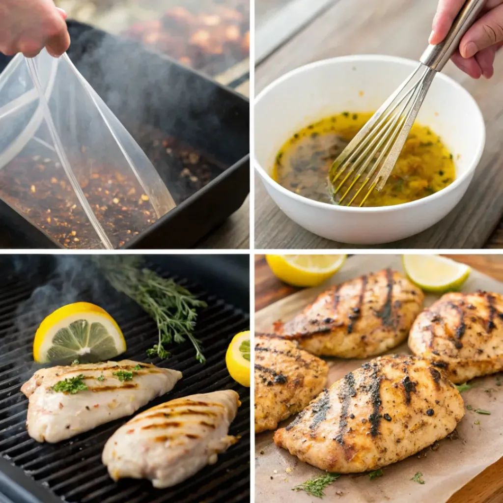 Grilled Chicken Marinade – Juicy, Flavorful & Perfect for BBQs 7 Four step collage showing mixing marinade, marinating chicken, grilling, and serving