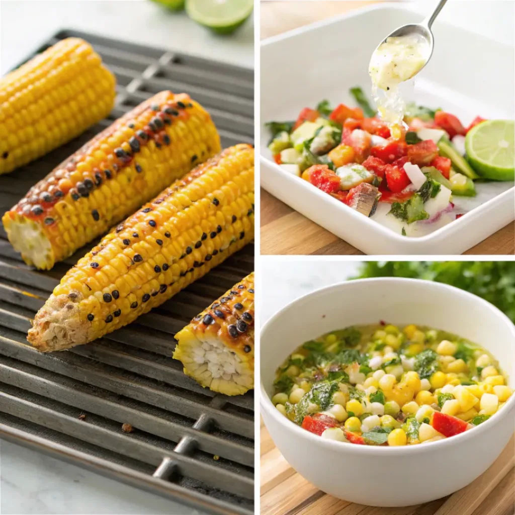 Four step collage showing grilling corn, cutting kernels, chopping vegetables, and mixing salad