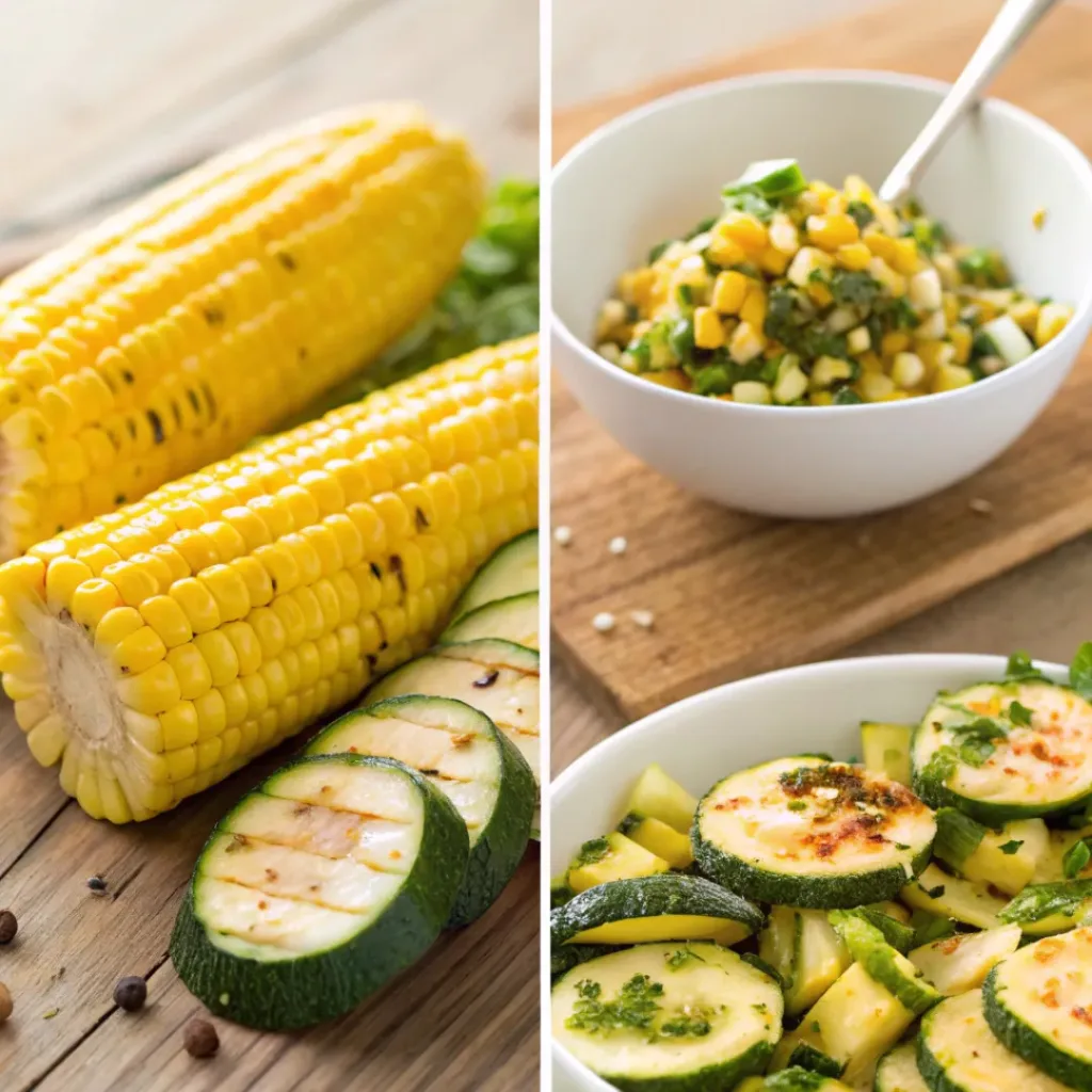 Four step collage showing grilling corn, preparing zucchini, chopping, and mixing salad