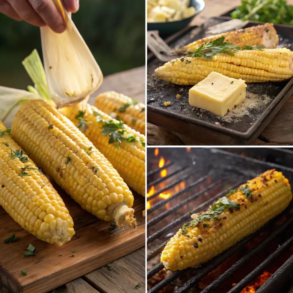 Grilled Corn on the Cob – Smoky, Juicy & Buttery Summer Classic 7 Four step collage showing prepping, seasoning, grilling, and serving corn