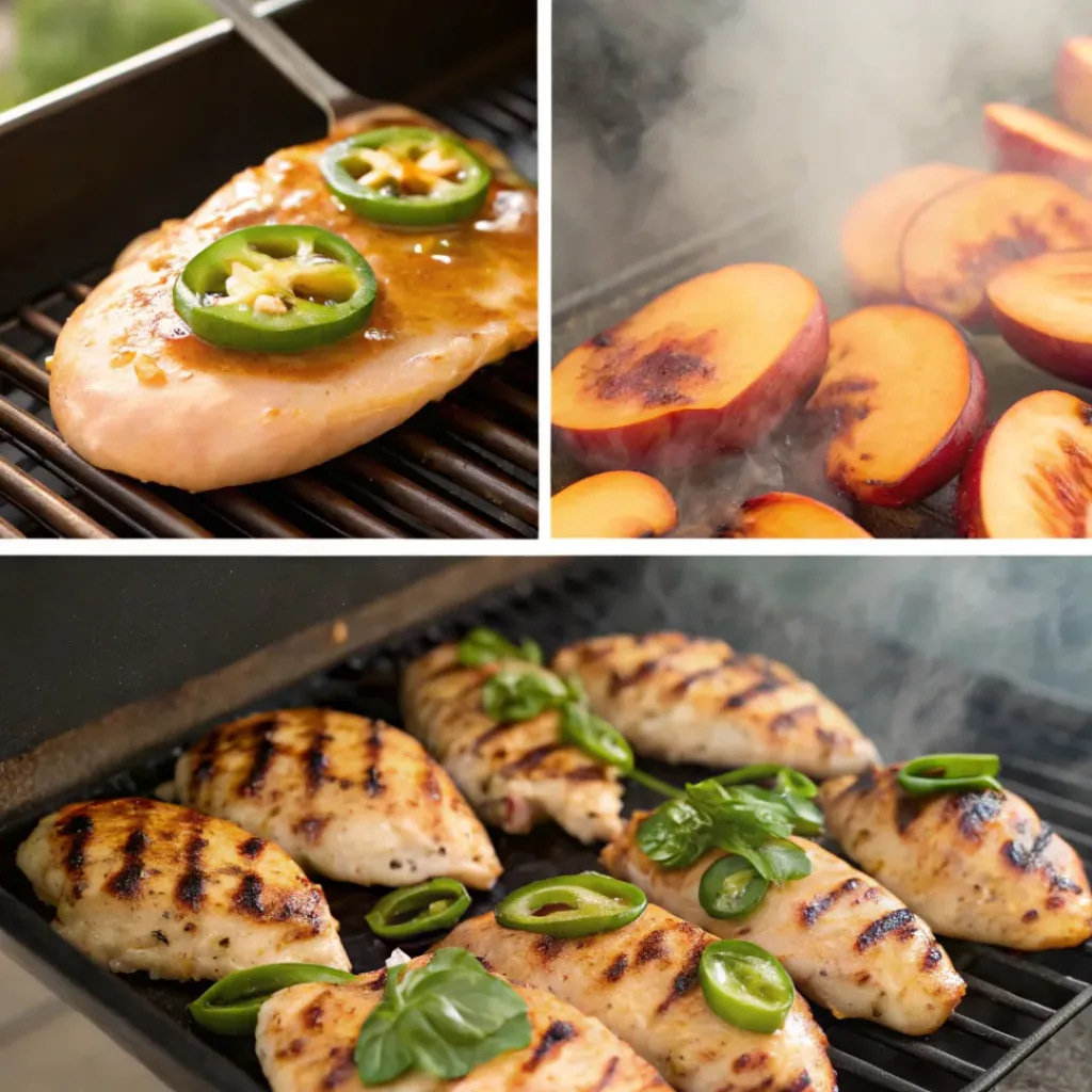 Four step collage showing marinating, slicing, grilling, and plating chicken