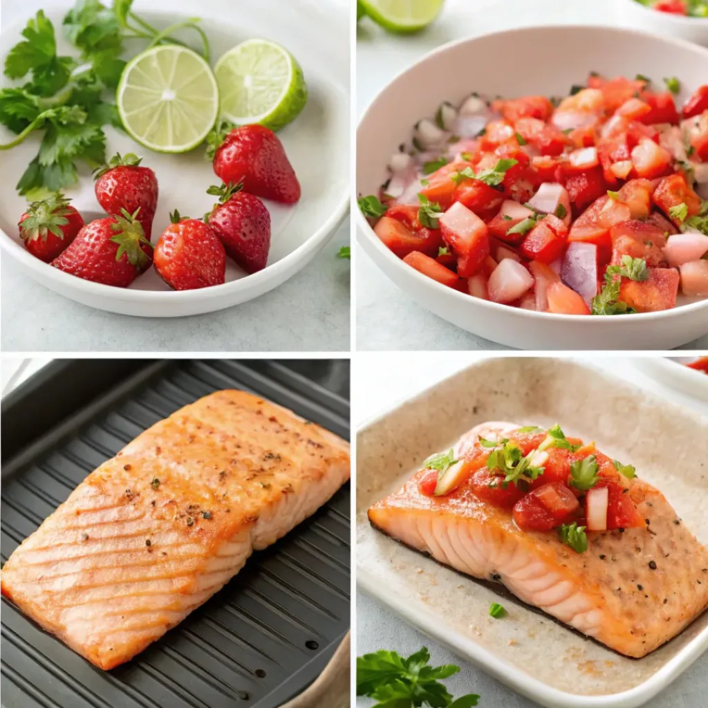 Four step collage showing seasoning, grilling salmon, preparing salsa, and plating
