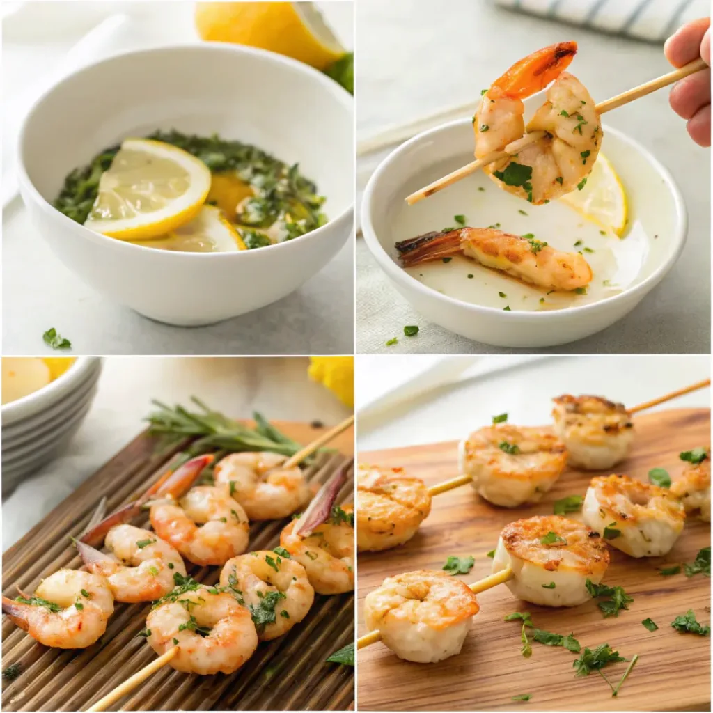 Four step collage showing marinating, skewering, grilling, and garnishing shrimp
