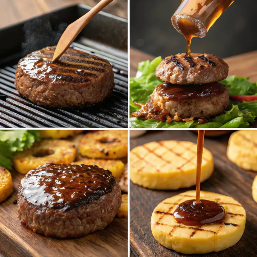 Grilled Teriyaki Burger – Juicy, Sweet & Smoky BBQ-Style Burger 7 Four step collage showing grilling patties, glazing sauce, grilling pineapple, and assembling burger