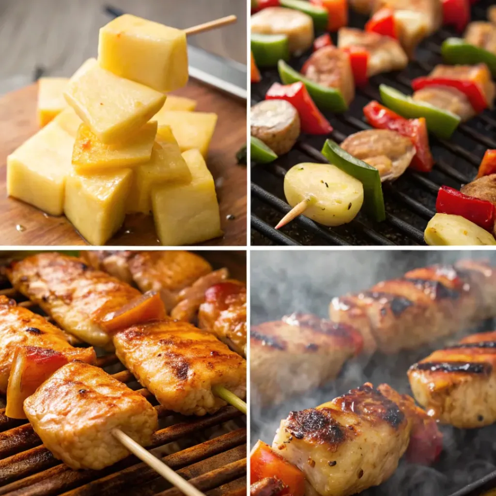 Hawaiian Chicken Kabobs with Pineapple – Sweet, Smoky & Juicy Grilled Skewers 7 Four step collage showing marinating, skewering, grilling, and serving kabobs