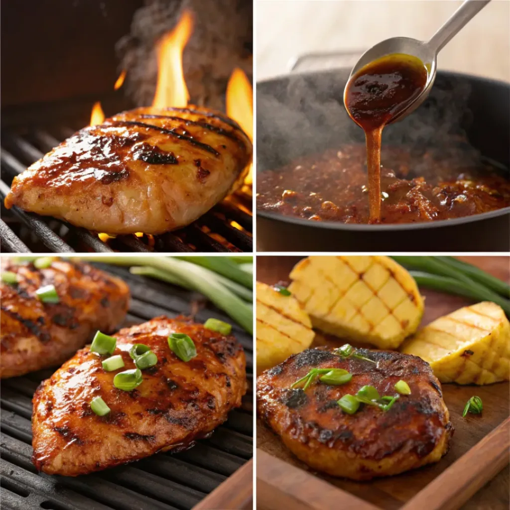 Hawaiian Huli Huli Grilled Chicken – Sweet, Smoky & Juicy Island-Style Chicken 7 Four step collage showing marinating, grilling, basting, and serving chicken